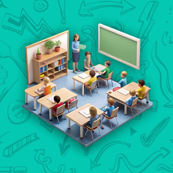 Classroom illustration, students learing in a classroom